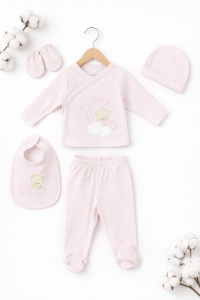 Set bebe 5 piese bumbac roz cu pantaloni, bluza, caciulita, bavetica si manusi - Img 2