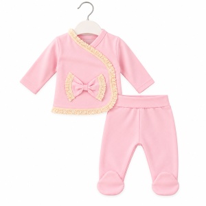 Set bebe 5 piese bumbac roz, fundita si dantela, pantaloni cu botosei integrati - Img 3
