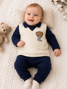 Set bebe baiat 2 piese bumbac cu efect vesta, bluza pantaloni