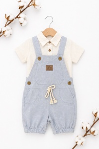 Set bebe baiat 2 piese camasa si salopeta cu bretele culoare bleu deschis - Img 2