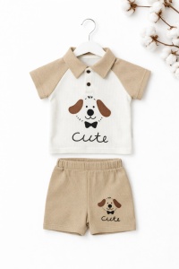 Set bebe baiat 2 piese tricou si pantaloni scurti bumbac model cute puppy - Img 2