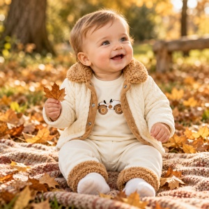 Set bebe baiat 3 piese bumbac, jacheta crem, bluza cu motocicleta si pantaloni