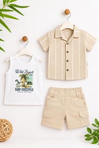 Set bebe baiat 3 piese camasa bej tricou imprimeu si pantaloni scurti vara - Img 3