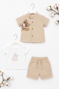 Set bebe baiat 3 piese camasa muselina tricou bumbac si pantaloni bej elegant vara - Img 3