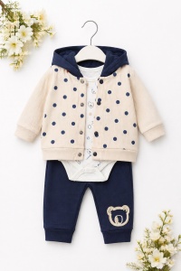 Set bebe baiat 3 piese cu hanorac – body imprimeu urs si pantaloni bleumarin - Img 3