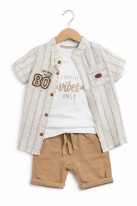 Set bebe baiat 3 piese din bumbac camasa tricou si pantaloni scurti casual, fotografie de produs pe fundal alb
