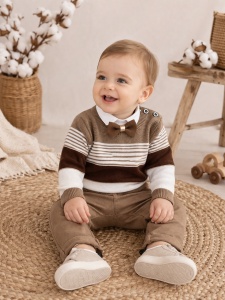 Set bebe baiat 3 piese elegant camasa papion pulover si pantaloni casual