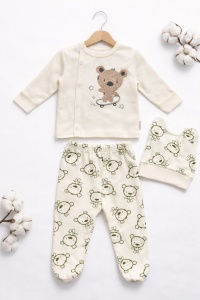 Set bebe baiat 3 piese ursulet bluza pantaloni si caciulita crem verde - Img 2