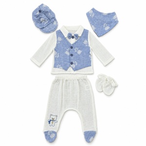 Set bebe baiat din muselina 5 piese cu vesta integrata si accesorii bleu - Img 3