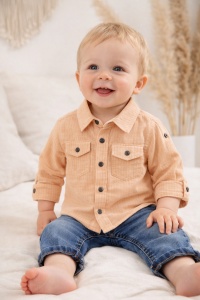 Set bebe baieti camasa maro si blugi compleu copii baiat elegant 2 piese