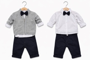Set bebe baieti elegant 4 piese camasa cardigan papion si pantaloni, fotografie de produs pe fundal alb