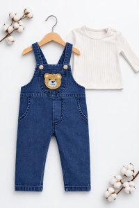 Set bebe baieti salopeta denim cu ursulet si bluza alba cu maneca lunga - Img 2