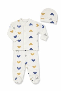 Set bebe bumbac 3 piese alb cu inimioare bluza pantaloni si caciulita nou nascut - Img 3