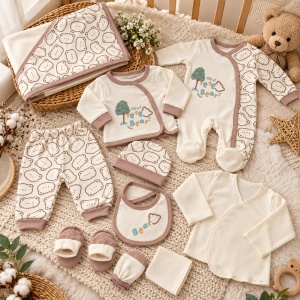 Set bebe din bumbac 10 piese, crem si maro, model ursulet Teddy Bear