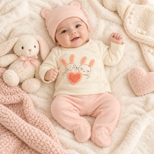 Set bebe din bumbac 3 piese cu iepurasi si inimioara, pantaloni cu botosei si caciulita roz