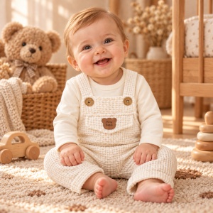 Set bebe din bumbac cu salopeta tip overall si bluza cu maneca lunga, crem