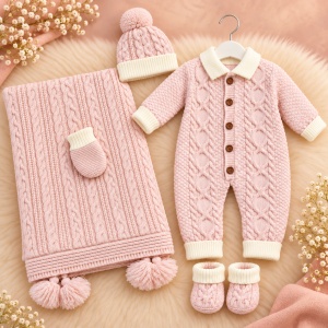 Set bebe din lana naturala, imblanit, salopeta, paturica, caciula, botosei si manusi, roz