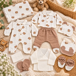 Set bebe din muselina 10 piese, alb cu maro, imprimeu ursuleti