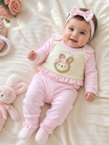 Set pentru bebe din 100% bumbac cu bluza si salopeta roz decorata cu iepuras brodat si fundita 3D