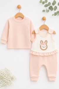 Set bebe fetita 2 piese roz pudra cu salopeta iepuras si bluza din bumbac - Img 2