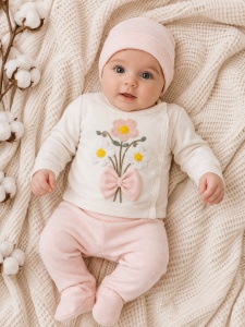 Set bebe fetita 3 piese bumbac cu flori si fundita bluza pantaloni caciulita