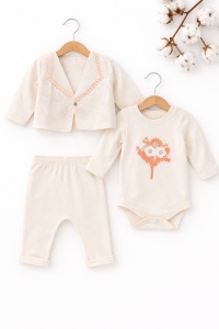 Set bebe fetita 3 piese din bumbac body pantaloni si jacheta eleganta cu broderie - Img 2