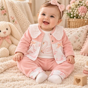Set bebe fetita 3 piese din bumbac cu body lebada, cardigan catifelat si pantaloni roz