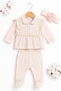 Set bebe fetita 3 piese roz pudrat din bumbac cu bentita si dantela eleganta - Img 2