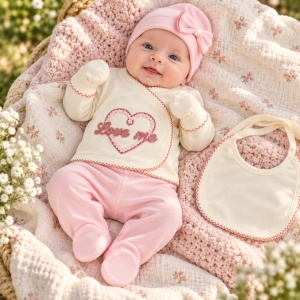 Set bebe fetita 5 piese bumbac crem si roz, Love Me, pantaloni cu botosei integrati