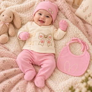 Set bebe fetita 5 piese bumbac crem si roz pudrat, fundita brodata, pantaloni cu botosei integrati