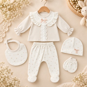 Set bebe fetita 5 piese din bumbac cu volane, dantela si imprimeu floral delicat