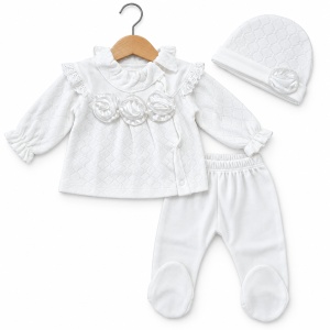 Set bebe fetita din bumbac 10 piese, alb, model elegant cu trandafiri si dantela - Img 4
