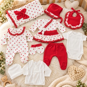 Set bebe fetita din bumbac 10 piese, alb si rosu, model cu inimioare