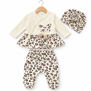 Set bebe fetita din bumbac 10 piese, crem cu imprimeu animal print si fluturi - Img 3