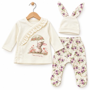 Set bebe fetita din bumbac 10 piese, crem cu imprimeu floral si iepuras - Img 3