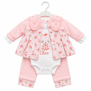 Set bebe fetita din bumbac 3 piese cu body vulpita, cardigan floral si pantaloni roz - Img 3