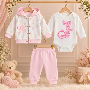 Set bebe fetita din bumbac 3 piese cu hanorac cu gluga, body si pantaloni roz - Img 2