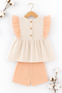 Set bebe fetita muselina 2 piese – bluza cu volane si pantaloni scurti culoare piersica - Img 3