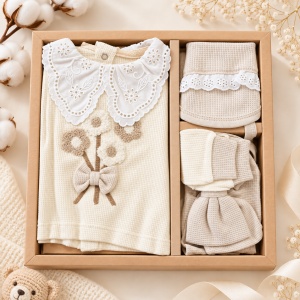 Set bebe fetite 5 piese crem bej cu flori, bluza, pantaloni, bentita, manusi si bavetica - Img 3