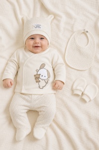 Set bebe unisex 5 piese crem cu catelus, bavetica si caciulita din bumbac