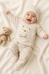 Set bebelusi 3 piese din bumbac cu caciulita, compleu crem cu ursulet pentru nou nascut