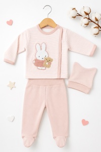 Set bebelusi 3 piese din bumbac cu caciulita, compleu roz cu iepuras pentru nou nascut - Img 2