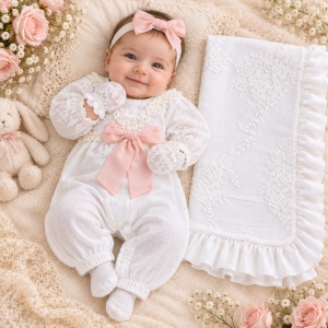 Set botez fetita din muselina 4 piese alb cu dantela florala si funde roz pudrat
