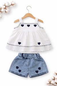 Set fetite vara bluza alba cu inimioare si pantaloni scurti denim, casual chic - Img 2
