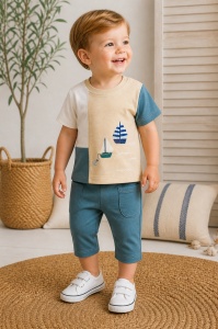 Set haine bebe baiat 2 piese bumbac premium – tricou cu barcute si pantaloni verzi
