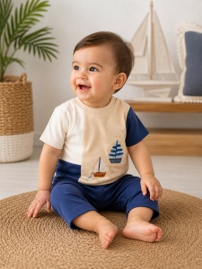 Set haine bebe baiat 2 piese bumbac premium – tricou cu barcute si pantaloni albastri