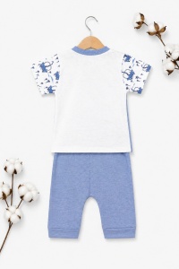 Set haine bebe baiat 2 piese bumbac premium – tricou cu capse si pantaloni albastri cu girafa - Img 3