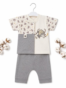 Set haine bebe baiat 2 piese bumbac premium – tricou cu capse si pantaloni cu maimuta - Img 2