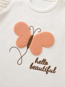 Set haine bebe fete 2 piese bumbac premium – tricou cu fluture si pantaloni somon - Img 3