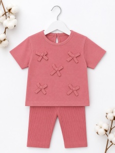 Set haine bebe fete 2 piese bumbac premium – tricou si pantaloni roz pudra cu fundite - Img 2